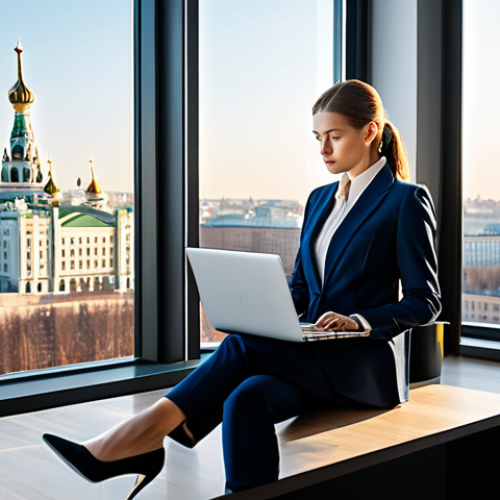 **

"A professional businesswoman, elegantly dressed in a stylish pantsuit, working on a laptop in a modern, sunlit Moscow office. Large windows overlook a cityscape.  Fully clothed, appropriate attire, safe for work, perfect anatomy, natural proportions, professional corporate photography, high quality, well-lit."

**